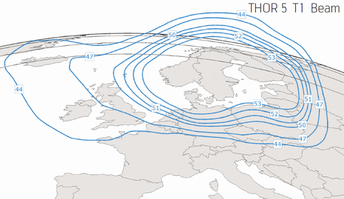 Footprint satelitu Thor 5, beam T1 (Nordic), obrzek: Telenor