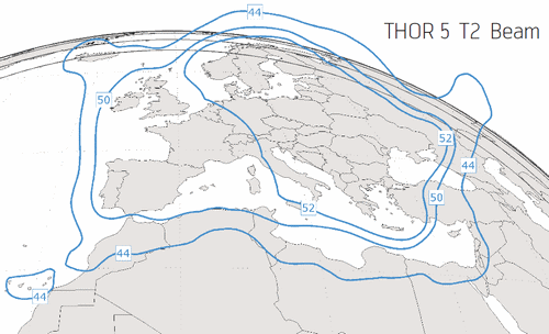 Footprint satelitu Thor 5, beam T2 (Europe), obrázek: Telenor