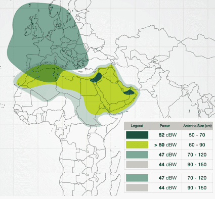Footprint satelitu Yahsat 1A, beam WEST+EAST (Ku band), obrzek: Yahsat